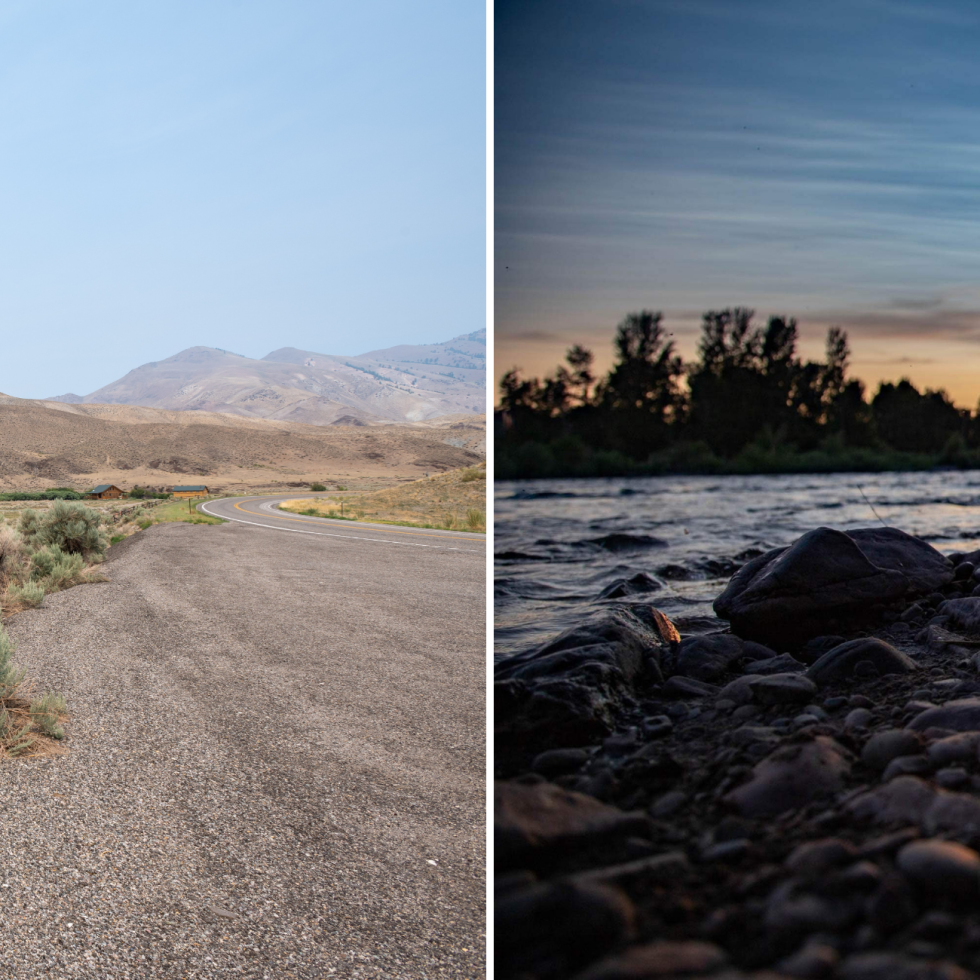 Two landscapes, a dirt road with and riverbed